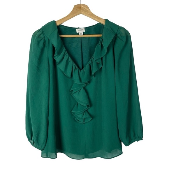 J. Crew Emerald Green Ruffle Neck Long Sleeve Top XS - Picture 1 of 3